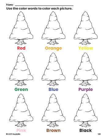 Free winter pine tree coloring page and color worksheet for preschoolers to learn colors, printable PDF