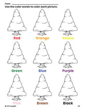 Free winter pine tree coloring page and color worksheet for preschoolers to learn colors, printable PDF