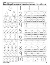 Free printable winter pine tree counting worksheet for preschool and pre-k with number tracing practice 1-10, PDF