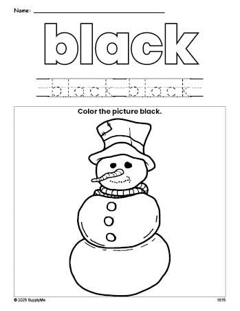 Free winter snowman color black coloring page and color worksheet, black worksheet for preschoolers to learn colors, printable PDF