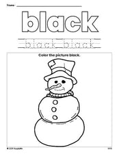 Free winter snowman color black coloring page and color worksheet, black worksheet for preschoolers to learn colors, printable PDF