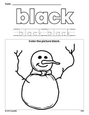 Free winter snowman color black coloring page and color worksheet, black worksheet for preschoolers to learn colors, printable PDF