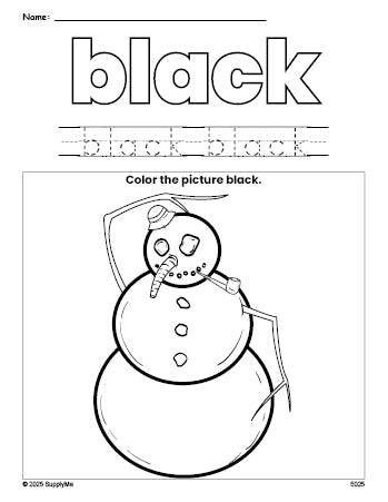 Free winter snowman color black coloring page and color worksheet, black worksheet for preschoolers to learn colors, printable PDF