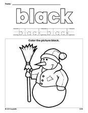 Free winter snowman color black coloring page and color worksheet, black worksheet for preschoolers to learn colors, printable PDF