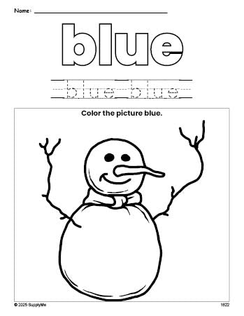 Free winter snowman color blue coloring page and color worksheet, blue worksheet for preschoolers to learn colors, printable PDF