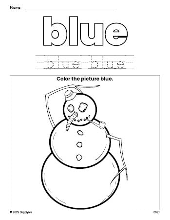 Free winter snowman color blue coloring page and color worksheet, blue worksheet for preschoolers to learn colors, printable PDF