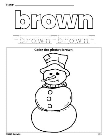 Free winter snowman color brown coloring page and color worksheet, brown worksheet for preschoolers to learn colors, printable PDF