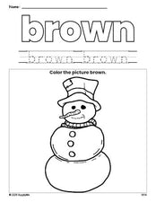 Free winter snowman color brown coloring page and color worksheet, brown worksheet for preschoolers to learn colors, printable PDF