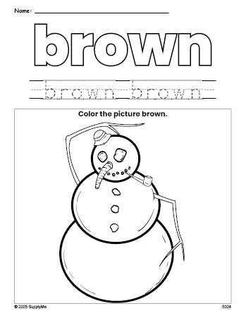 Free winter snowman color brown coloring page and color worksheet, brown worksheet for preschoolers to learn colors, printable PDF