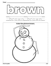 Free winter snowman color brown coloring page and color worksheet, brown worksheet for preschoolers to learn colors, printable PDF