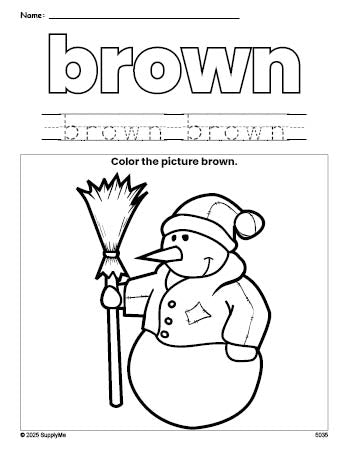 Free winter snowman color brown coloring page and color worksheet, brown worksheet for preschoolers to learn colors, printable PDF