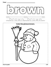 Free winter snowman color brown coloring page and color worksheet, brown worksheet for preschoolers to learn colors, printable PDF