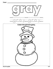 Free winter snowman color gray coloring page and color worksheet, gray worksheet for preschoolers to learn colors, printable PDF