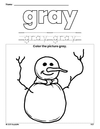 Free winter snowman color gray coloring page and color worksheet, gray worksheet for preschoolers to learn colors, printable PDF