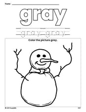 Free winter snowman color gray coloring page and color worksheet, gray worksheet for preschoolers to learn colors, printable PDF