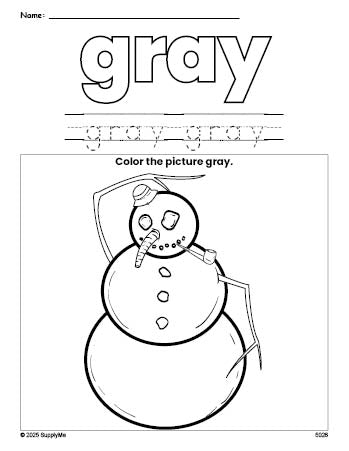 Free winter snowman color gray coloring page and color worksheet, gray worksheet for preschoolers to learn colors, printable PDF