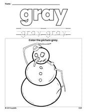 Free winter snowman color gray coloring page and color worksheet, gray worksheet for preschoolers to learn colors, printable PDF