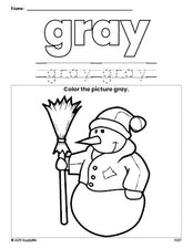 Free winter snowman color gray coloring page and color worksheet, gray worksheet for preschoolers to learn colors, printable PDF