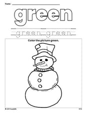 Free winter snowman color green coloring page and color worksheet, green worksheet for preschoolers to learn colors, printable PDF