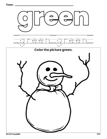 Free winter snowman color green coloring page and color worksheet, green worksheet for preschoolers to learn colors, printable PDF