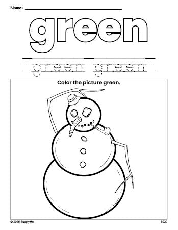 Free winter snowman color green coloring page and color worksheet, green worksheet for preschoolers to learn colors, printable PDF