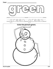 Free winter snowman color green coloring page and color worksheet, green worksheet for preschoolers to learn colors, printable PDF