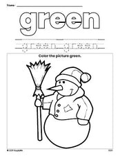 Free winter snowman color green coloring page and color worksheet, green worksheet for preschoolers to learn colors, printable PDF