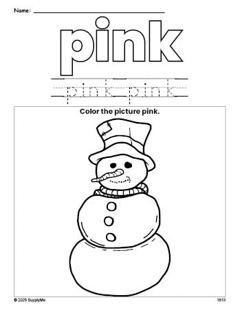 Free winter snowman color pink coloring page and color worksheet, pink worksheet for preschoolers to learn colors, printable PDF