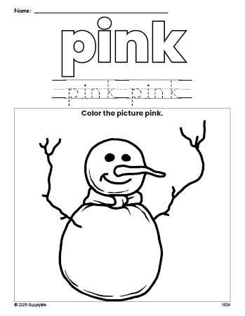 Free winter snowman color pink coloring page and color worksheet, pink worksheet for preschoolers to learn colors, printable PDF