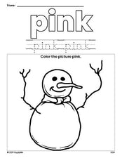 Free winter snowman color pink coloring page and color worksheet, pink worksheet for preschoolers to learn colors, printable PDF