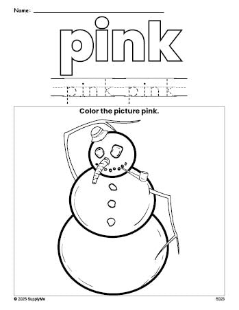 Free winter snowman color pink coloring page and color worksheet, pink worksheet for preschoolers to learn colors, printable PDF