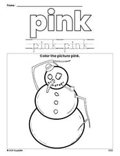 Free winter snowman color pink coloring page and color worksheet, pink worksheet for preschoolers to learn colors, printable PDF