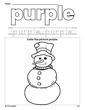 Free winter snowman color purple coloring page and color worksheet, purple worksheet for preschoolers to learn colors, printable PDF