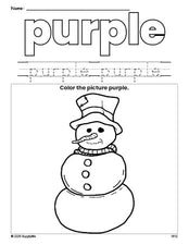 Free winter snowman color purple coloring page and color worksheet, purple worksheet for preschoolers to learn colors, printable PDF