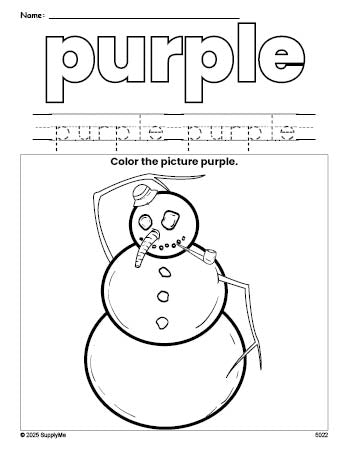 Free winter snowman color purple coloring page and color worksheet, purple worksheet for preschoolers to learn colors, printable PDF