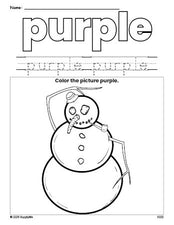 Free winter snowman color purple coloring page and color worksheet, purple worksheet for preschoolers to learn colors, printable PDF