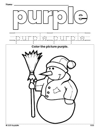 Free winter snowman color purple coloring page and color worksheet, purple worksheet for preschoolers to learn colors, printable PDF