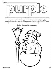 Free winter snowman color purple coloring page and color worksheet, purple worksheet for preschoolers to learn colors, printable PDF