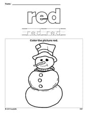 Free winter snowman color red coloring page and color worksheet, red worksheet for preschoolers to learn colors, printable PDF