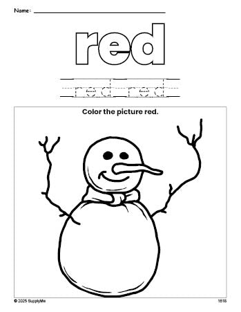 Free winter snowman color red coloring page and color worksheet, red worksheet for preschoolers to learn colors, printable PDF