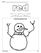 Free winter snowman color red coloring page and color worksheet, red worksheet for preschoolers to learn colors, printable PDF