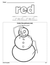 Free winter snowman color red coloring page and color worksheet, red worksheet for preschoolers to learn colors, printable PDF