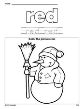 Free winter snowman color red coloring page and color worksheet, red worksheet for preschoolers to learn colors, printable PDF