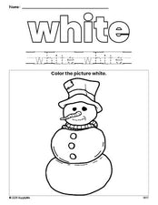 Free winter snowman color white coloring page and color worksheet, white worksheet for preschoolers to learn colors, printable PDF