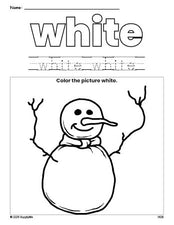 Free winter snowman color white coloring page and color worksheet, white worksheet for preschoolers to learn colors, printable PDF