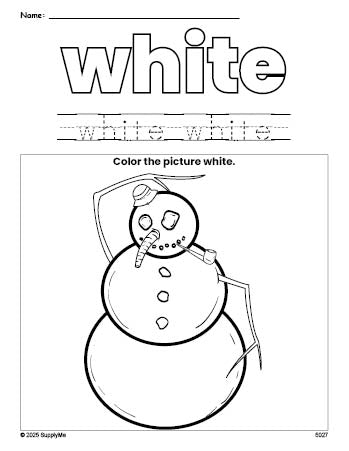 Free winter snowman color white coloring page and color worksheet, white worksheet for preschoolers to learn colors, printable PDF