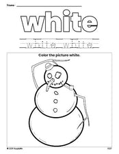 Free winter snowman color white coloring page and color worksheet, white worksheet for preschoolers to learn colors, printable PDF