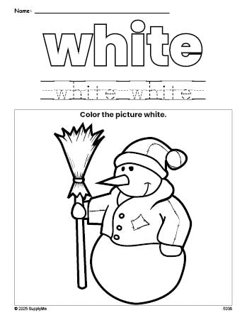 Free winter snowman color white coloring page and color worksheet, white worksheet for preschoolers to learn colors, printable PDF