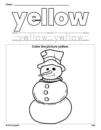 Free winter snowman color yellow coloring page and color worksheet, yellow worksheet for preschoolers to learn colors, printable PDF