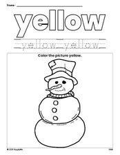 Free winter snowman color yellow coloring page and color worksheet, yellow worksheet for preschoolers to learn colors, printable PDF